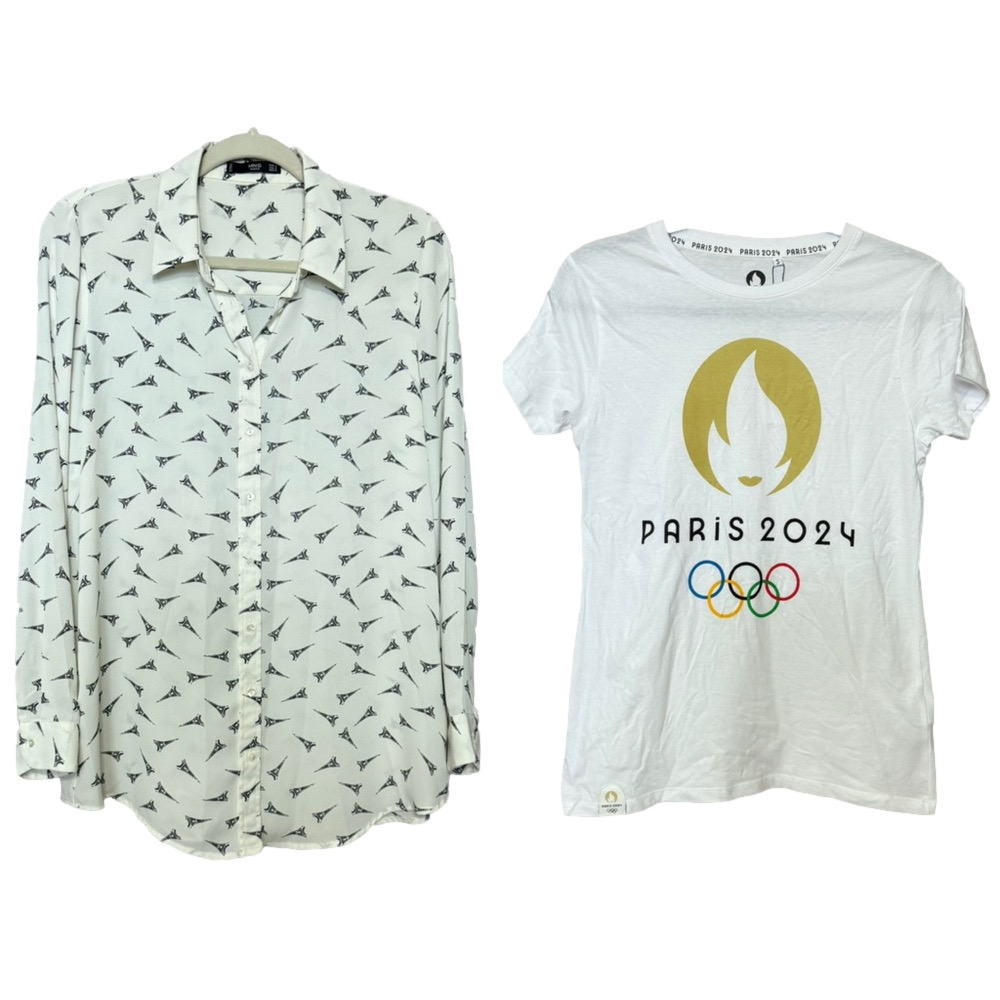 Womens Eiffel Tower Novelty Print Blouse & Paris Olympics Graphic T-Shirt Bundle